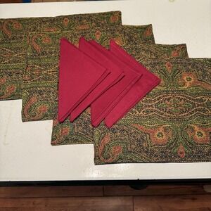 Paisley Quilted Placemats Navy Green Burgundy, & Burgundy Napkins Set Of 8